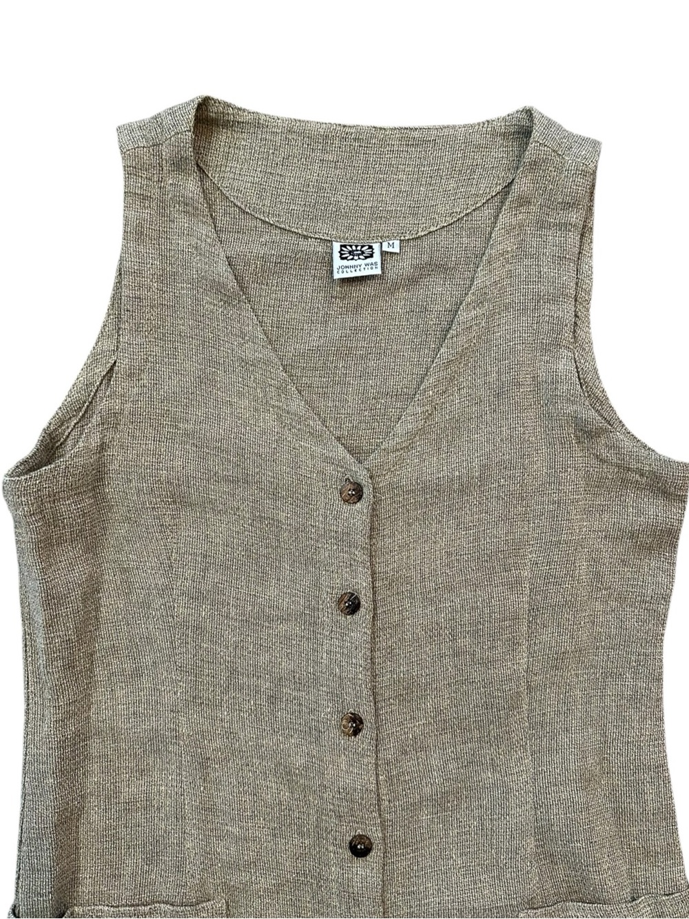 Vintage Johnny Was tan Flax Blend Sleeveless Button-Front Dress Pockets Medium - Picture 3 of 6